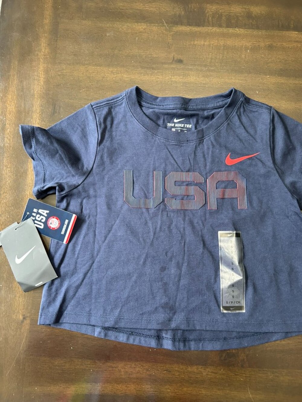 NWT Nike USA Cropped T-Shirt S Navy Graphic Tee Girl